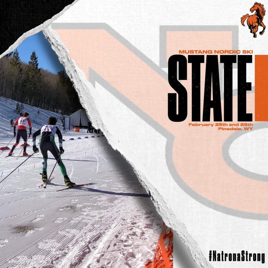 Athletic department graphic showing skiers and announcement of nordic state competition. Orange logo, ripped paper styling.