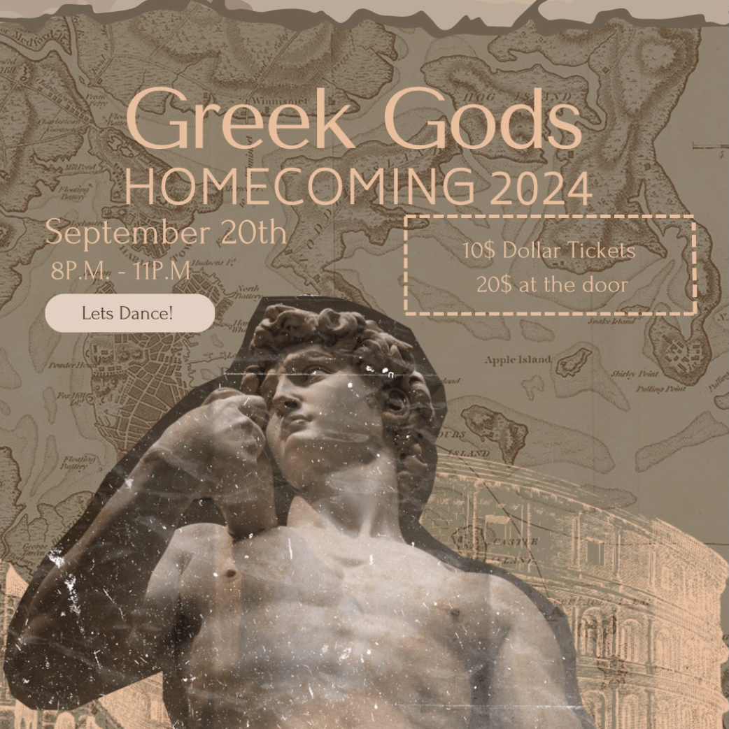 A Greek statue features prominently on a StuCo advertisement for homecoming. The dance will be held in the commons area and student planners are hoping plenty of students will come decked out in togas. 