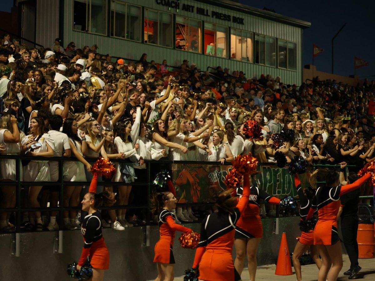 ALL HAIL
Cheerleaders lead the stampede student section in a cheer during the last homecoming game, played against Campbell County on Sept 20th, 2024. "I'm excited for the theme of the game. Since I've been at this school we've never done a safari theme," said sophomore Willow Griffitts. 